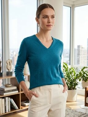Neiman Marcus Women's Quiet Luxury Teal V Neck Cashmere Sweater Size Medium
